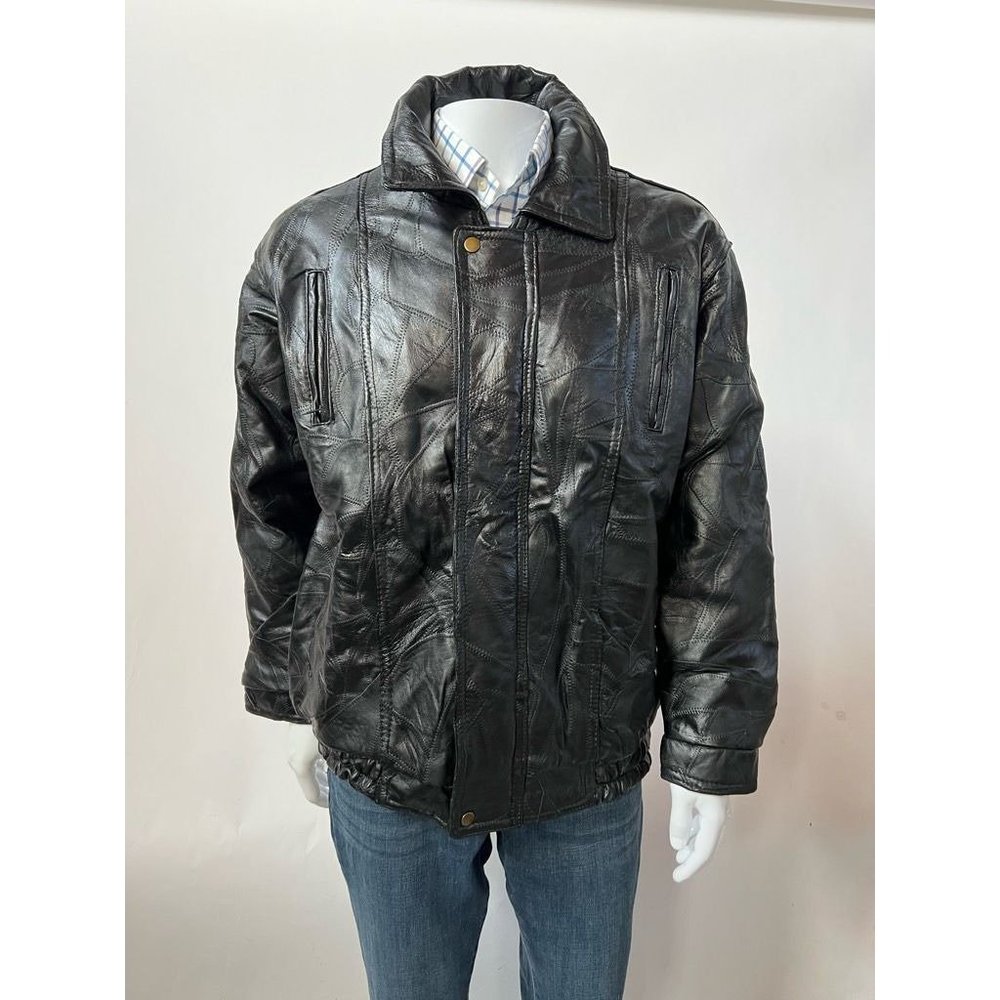 Vintage Maxam Mens Leather Jacket Black Grain Lambskin Zipped Pockets Collared L